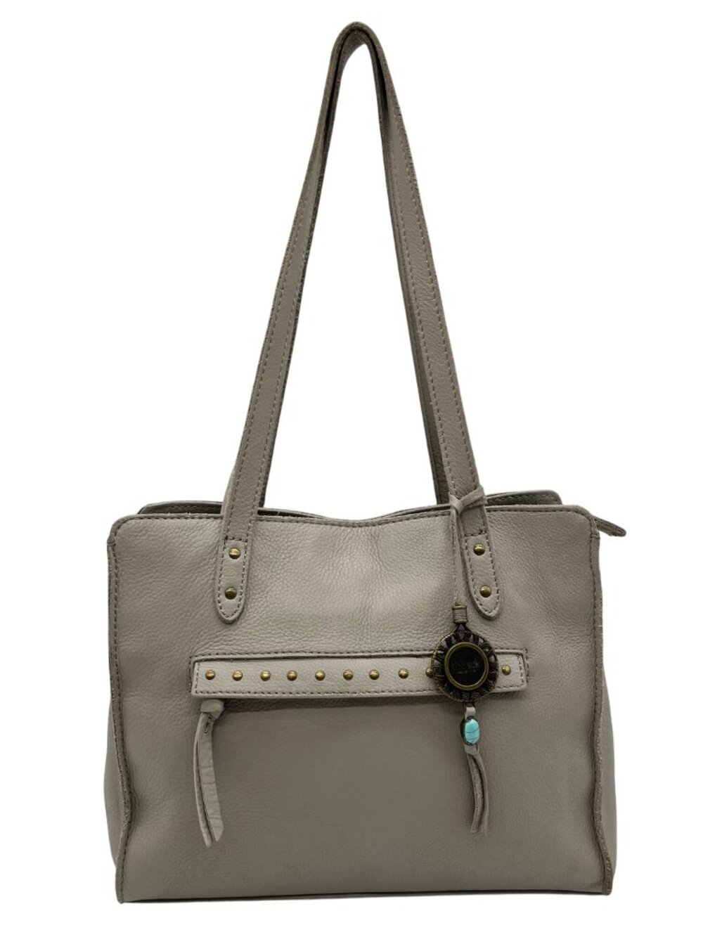 The Sak Gray Leather Tote Bag With Decorative Turquoise Stone Charm